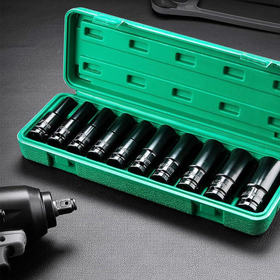 Set di Bussole a Impatto a 6 Punte con Attacco da 1/2 Pollici 10 Pezzi Misure Metriche 8-24m/10-24mm Set di Bussole a Impatto in Acciaio al Carbonio con Scatola di Stoccaggio Rigida