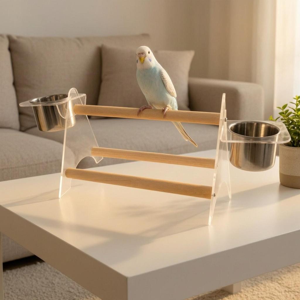 Parrot Play Stand with Cups Wooden Tabletop Bird Perch Compact for Counter