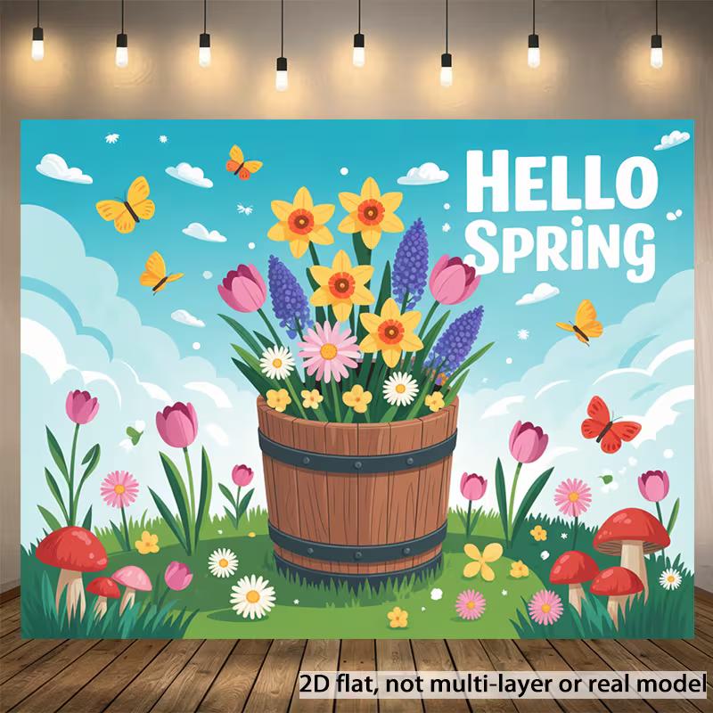 2D Spring Floral Background Cloth Hello Spring Tulip & Mushroom Decor 47.2x31.5inch/120*80cm