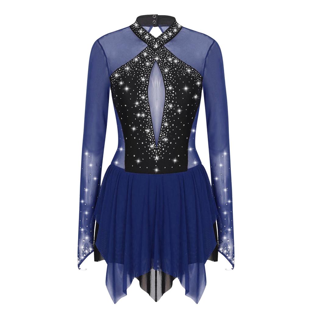 Damen Glitzernde Strasssteine Tanzkleid Kontrastfarbe Unregelmäßiger Saum Schlüssellochrücken Langarm Performance-Outfit