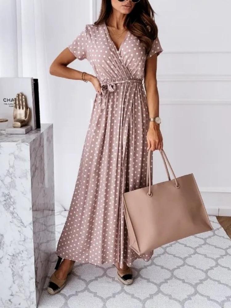 

Летнее женское модное платье с V-образным вырезом, поясом и разрезом, повседневное свободное платье, универсальное однотонное платье с принтом в горошек XXXL розовый