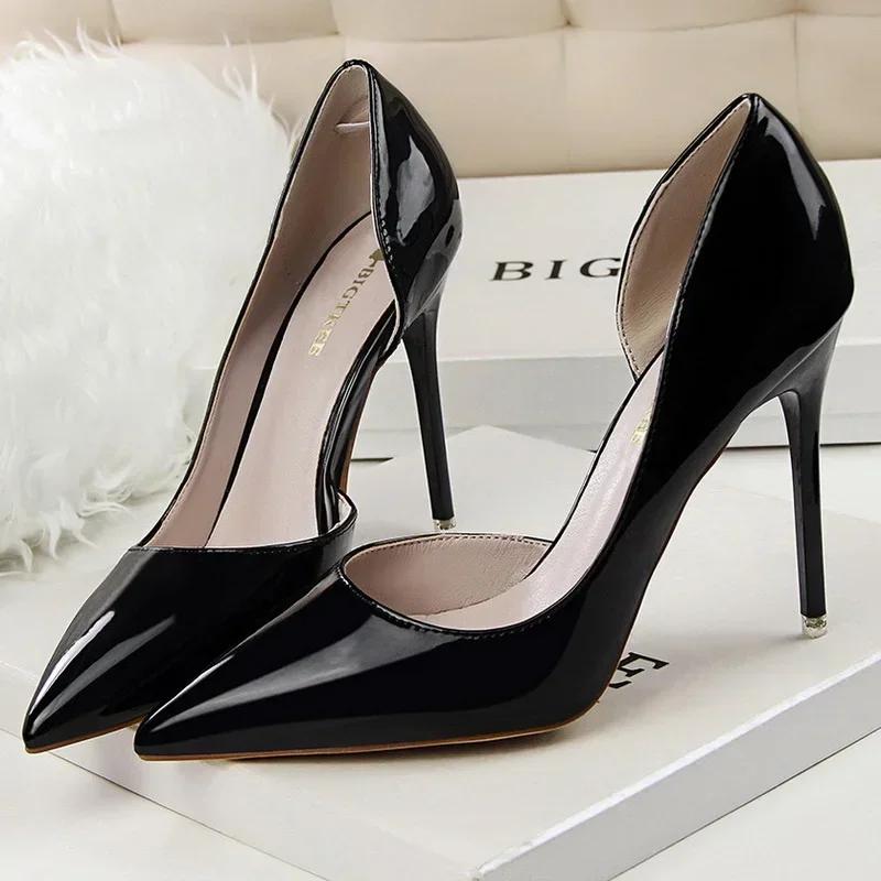 Women Patent Leather High Thin Heel Shoes Office Shallow Mouth Single Shoes Nightclub Party Wedding Banquet Gathering Lady Pumps