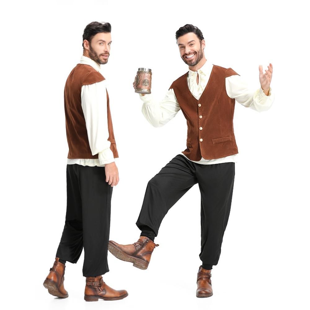 Adult Men Vampire Renaissance Pirate Knight Vest T Shirt Pants Set Halloween Cosplay Costumes Role Play Outfit