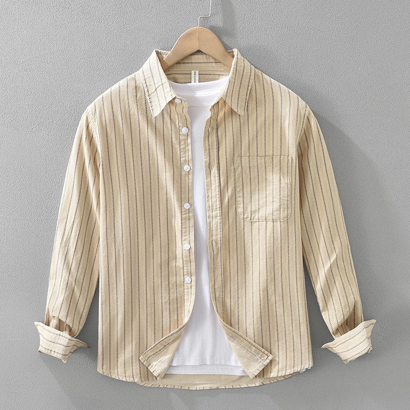 Spring and Autumn Japanese Retro Artistic Striped Printed Long-Sleeved Shirt Men's Corduroy Loose Casual Shirt New Style