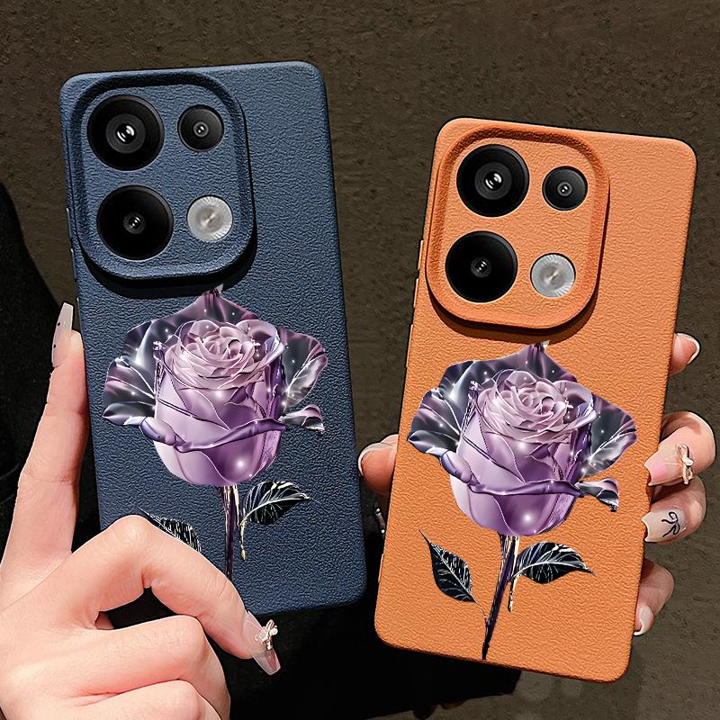 Crystal Rose Pattern Leather Texture Slim Matte Case For Xiaomi 13T Pro Poco X7 X6 Redmi Note 14 13 Pro 12 11 10 Pro TPU Soft Shockproof Phone Cover