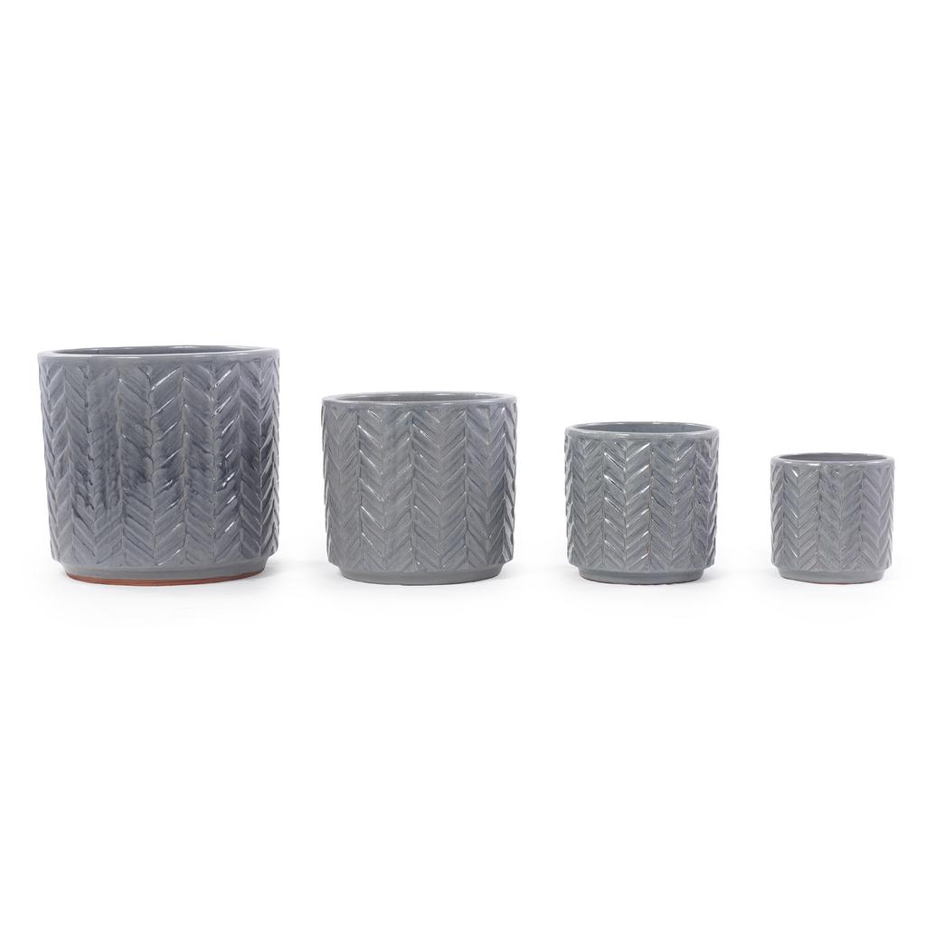 Handcrafted Ceramic Plant Pot Set, 4-Piece (diameter 38/31.5/24.5/20 cm), Glossy Ash Grey with Herringbone Relief, Breathable, Frost-Resistant