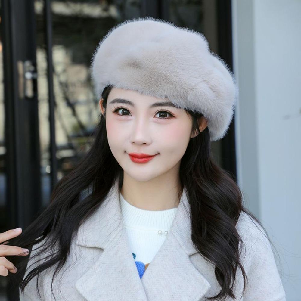 New Beret Women's Mink Hair Hat Pumpkin Foreign Style Fashion Thickened Versatile Octagonal Hat Winter Warm Hat