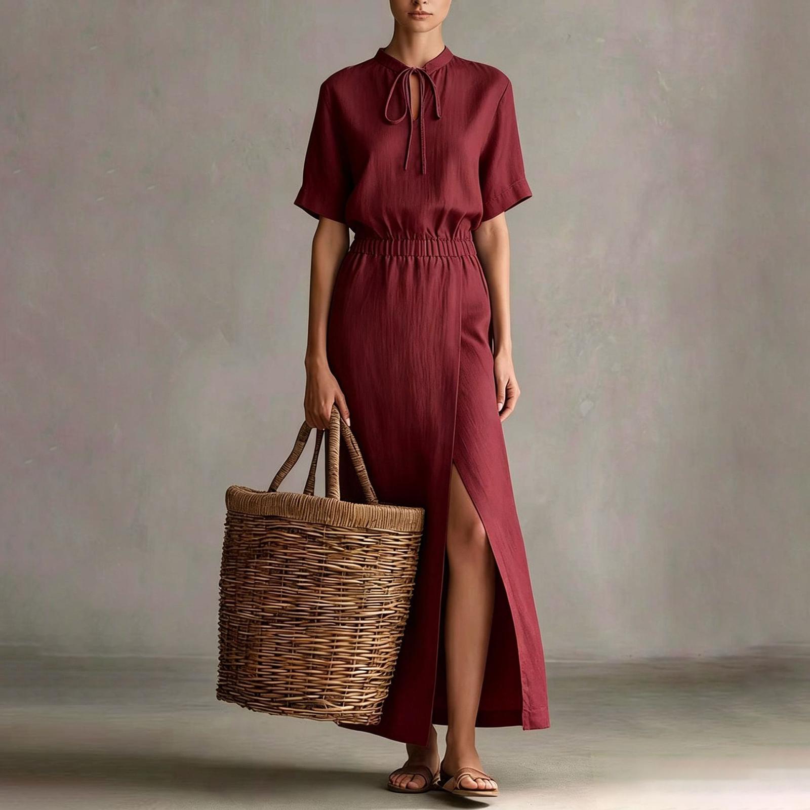 

Short Sleeve Maxi Dress with Drawstring Neckline and High Side Slit Relaxed Fit Elastic Waist for Women XL