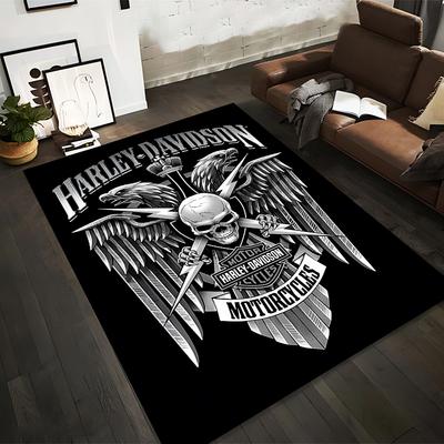 Alfombra de Motocicleta Harley Davidson con Patrón de Ala de Calavera Estilo Alfombra Negra Adecuada para usar como antideslizante para sala de estar, dormitorio, sofás