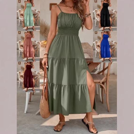 Spring and Summer New European and American Suspender Layered Waist Solid Color Slim Dress Women's Dress