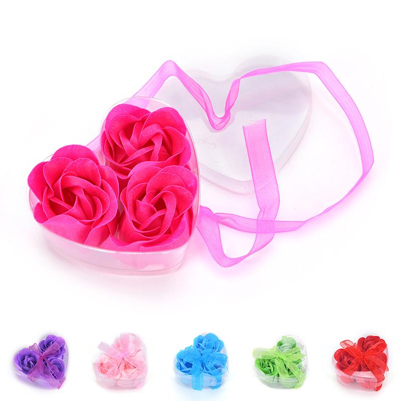 3Pcs Scented Bath Body Heart Rose Petal Wedding Gift Favor Colors Flower Soap,
