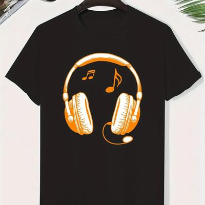 Camiseta masculina casual de manga curta, estampa de padrão de notas musicais camufladas, 100% algodão puro