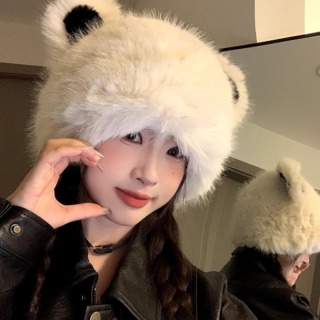 RICYGVM Winter Women Plush Beanie Soft Fluffy Fur Pullover Cap Snow Windproof Warm Ear Protection Hat Cute Cartoon Bear Bonnet