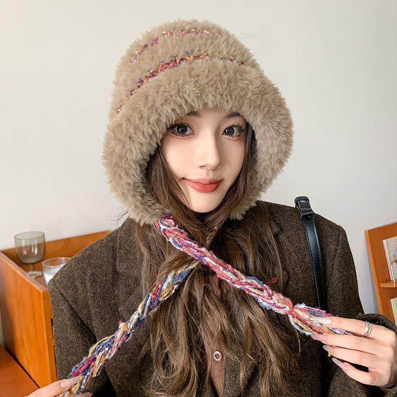 Winter warm ear protection color rope plush hat women's versatile windproof knitted wool hat plush thickened cycling pullover hat