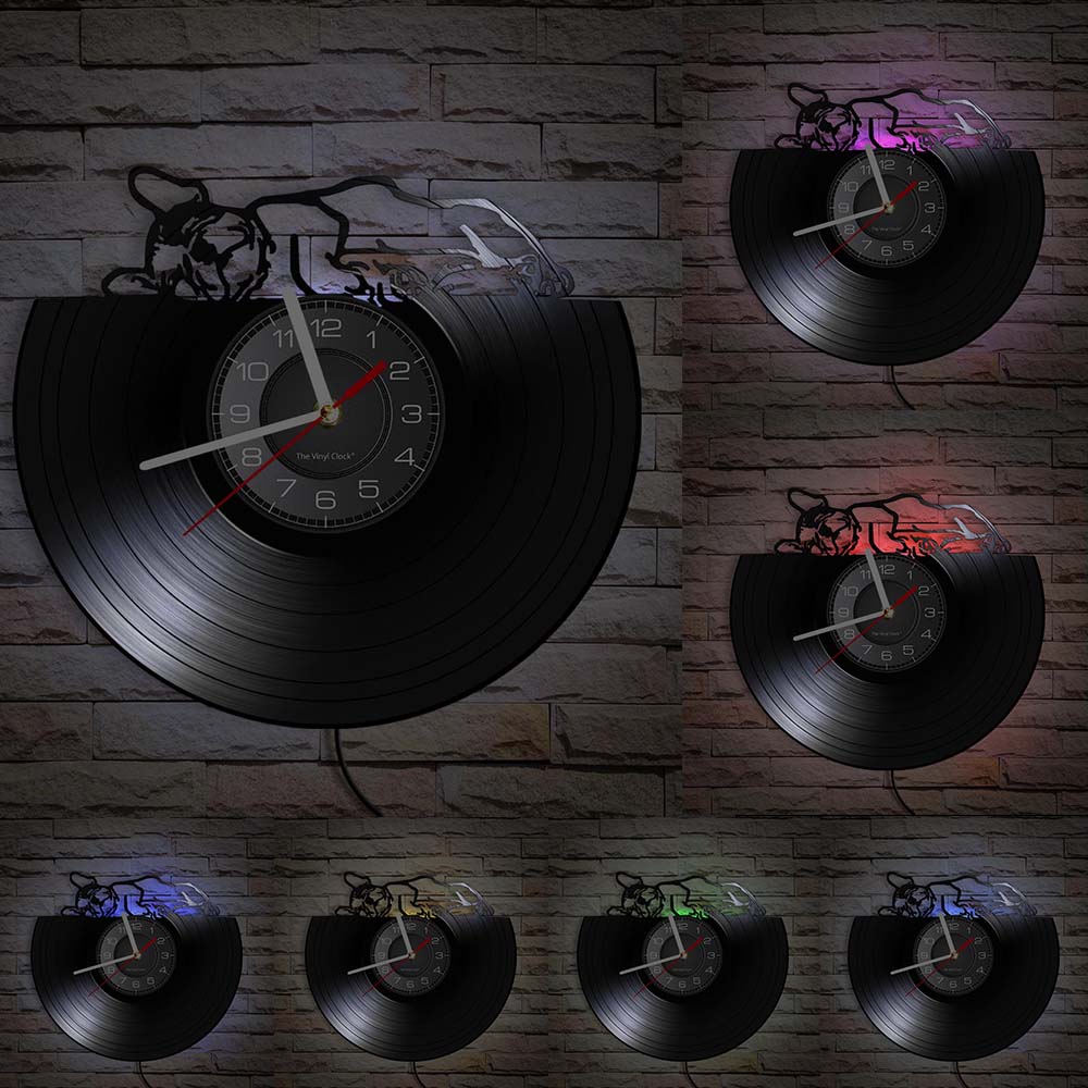 French Bulldog Couple Wall Art Home Decor Wall Clock Made Of Vinyl Record Modern Puppy Dog Wall Clock Dog Breed Dog Owners Gift
