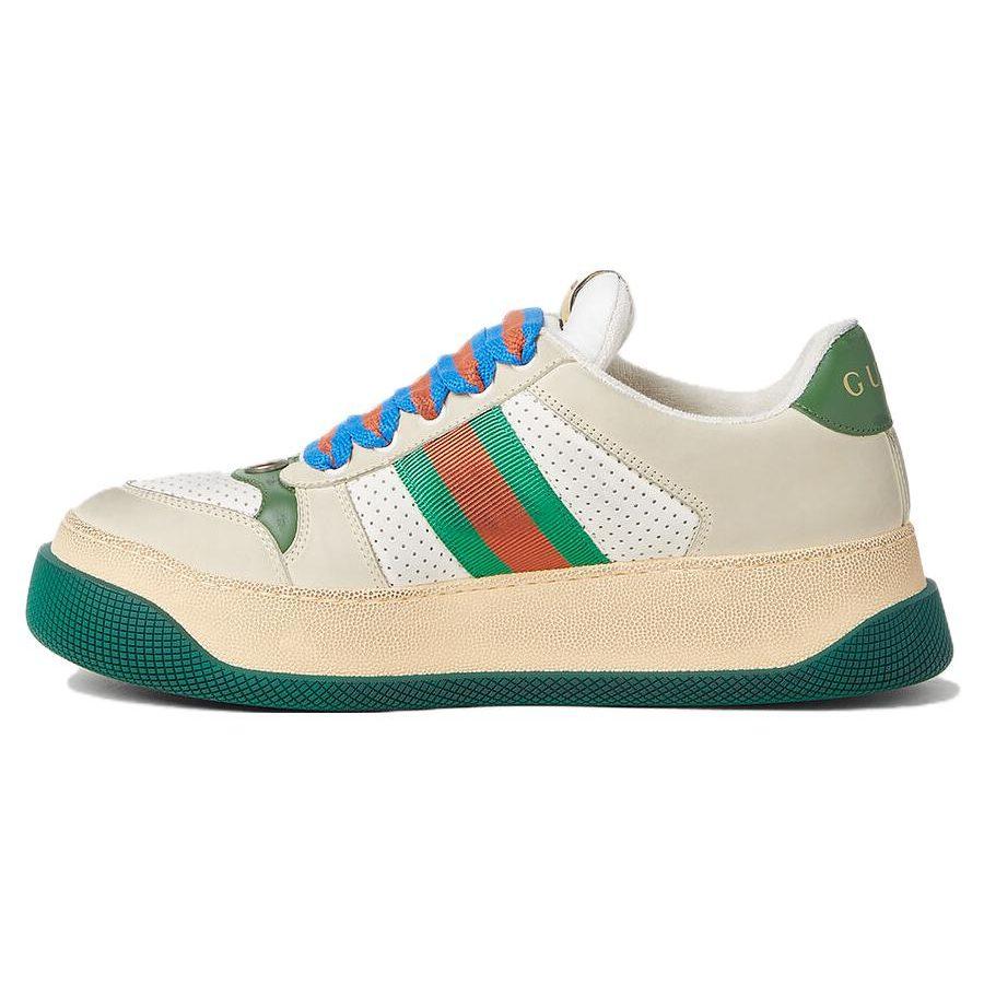 Gucci Screener Jigglypuff, Distressed Shoes Leather Low Top Stylish Skateboarding Shoes Women's Beige White Green 756478 0YIA0 9547