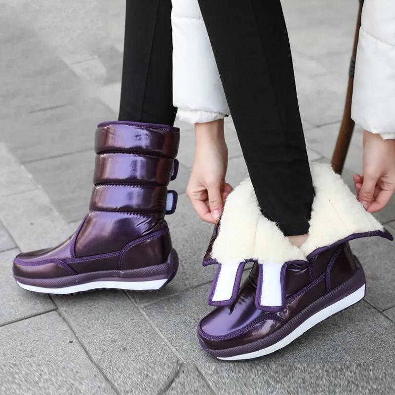 Cizme de bumbac de marime mari pentru femei Cizme de iarnă impermeabile de culoare uni Cizme plate antiderapante rezistente la uzură