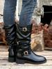 Belt Buckle Mid-Tube Boots Autumn New Round Toe Side Zipper Soft Sole Anti-Slip Wear-Resistant Single Boots