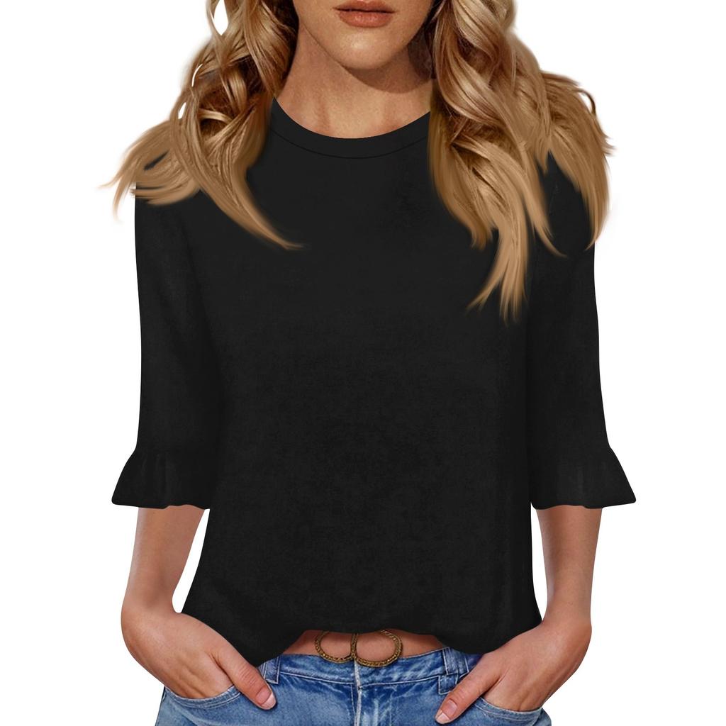 Women's Casual 3/4 Sleeve Top Summer O-neck Puffy Sleeve T-shirt Top