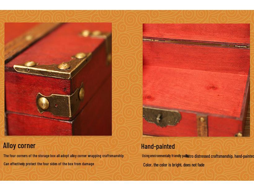Retro Wooden Rectangular Storage Box Set with Lock - Creative Organizer & Decorative Props