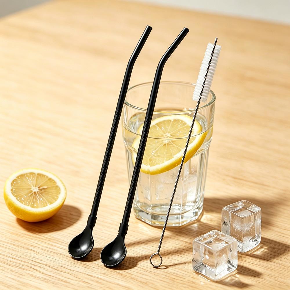2 stuks Lepelrietjes Roestvrij Staal Drinklepelrietjes Herbruikbaar Metaal Cocktailrietjes met 1 stuks Lange Schoonmaakborstel