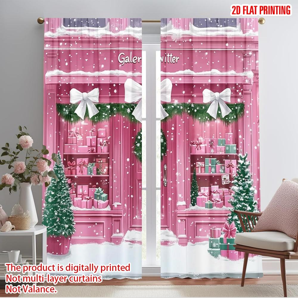 

2pcs,2D plane printing Curtains Digital Printed Pink Christmas Gift House (2) Polyester (without rod) Holiday Perfect for 52.50×116.00 CM 2pcs