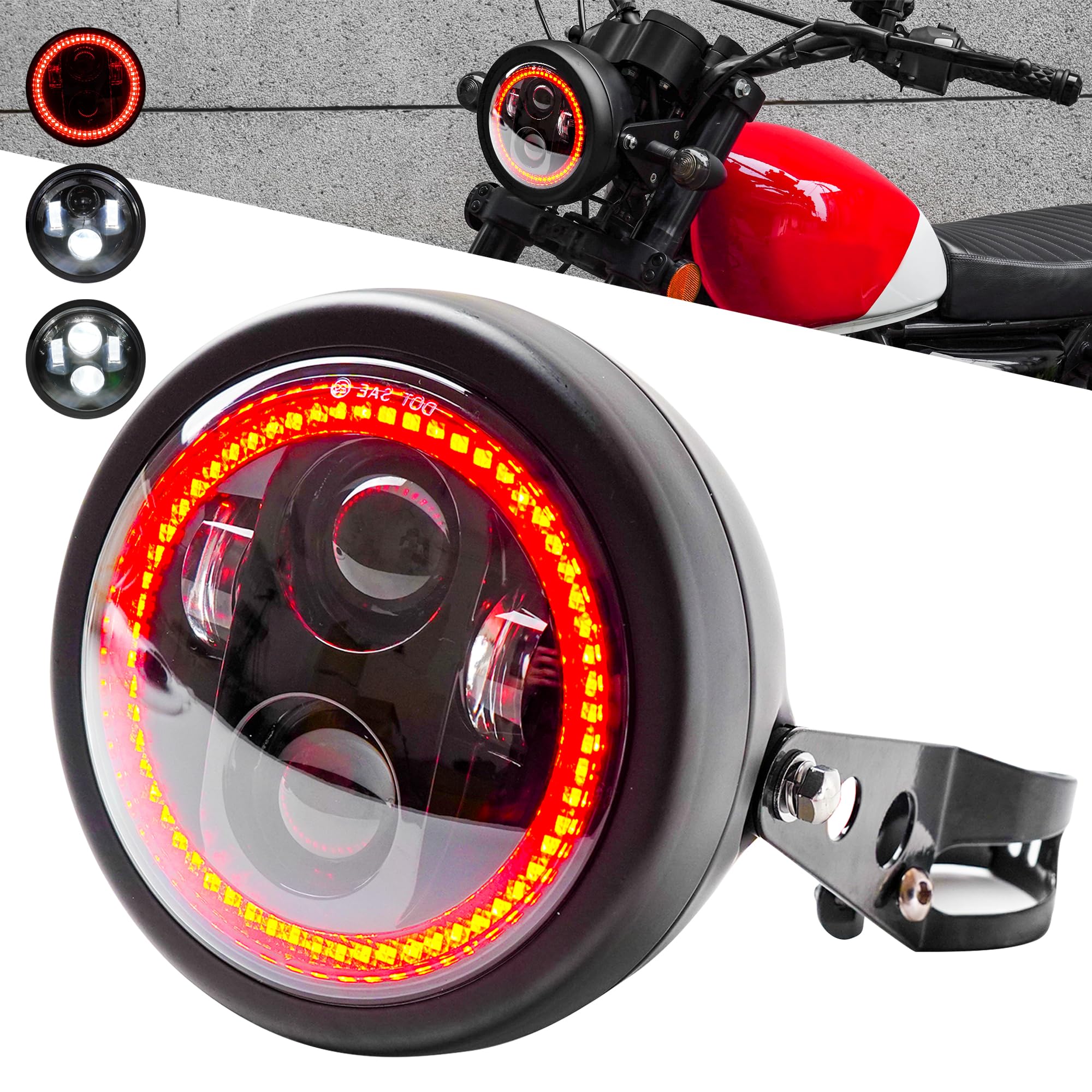 

Motikvans Round Headlight Universal 5.75 Inch LED Headlight Shell with White DRL Hi / красный