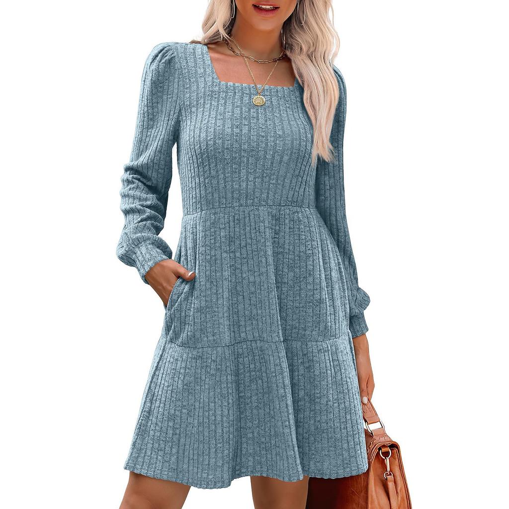 Womens  Square Neck Long Sleeve Dress Casual  Knit Dress With Pockets