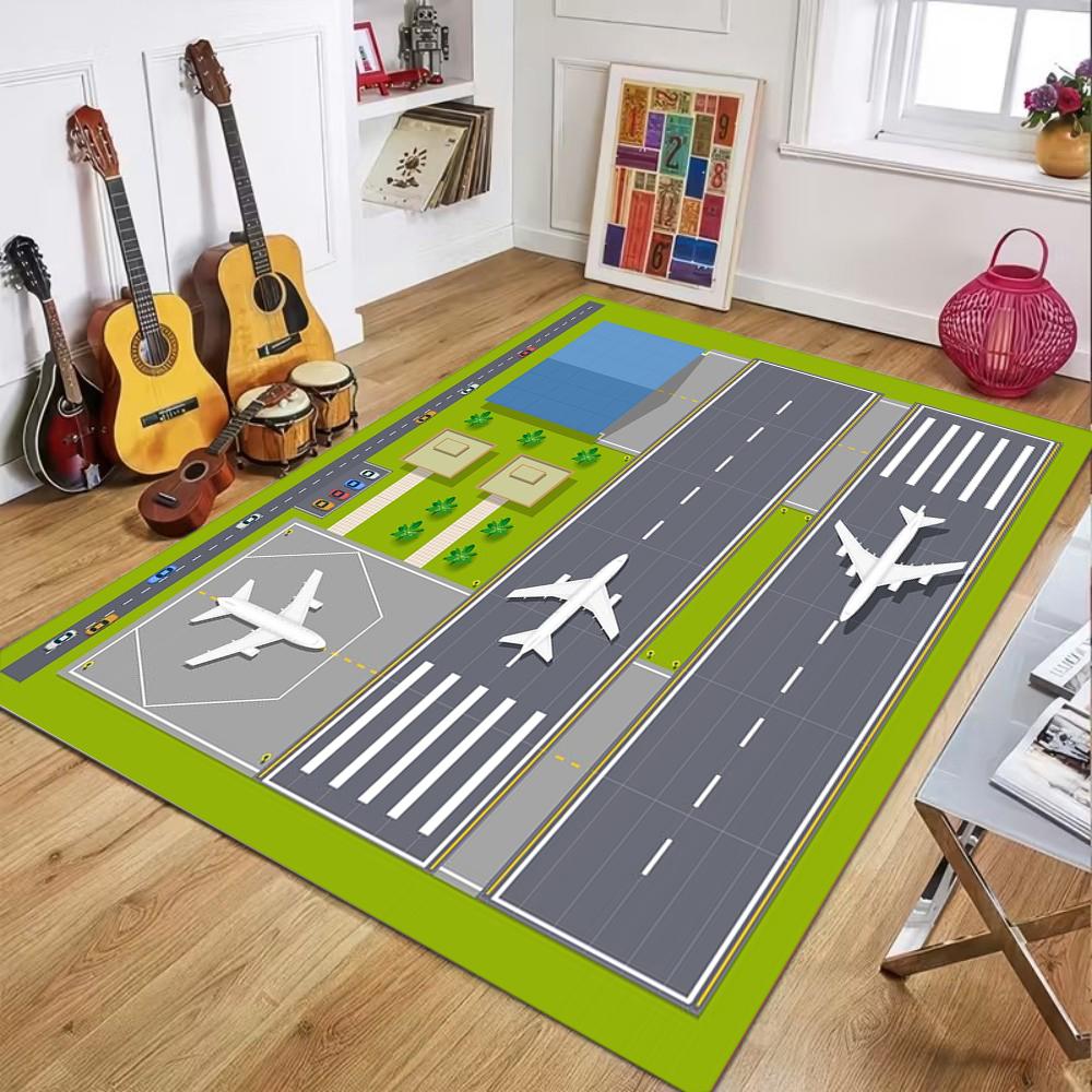 Airport Runway Living Room Carpet Simulation Airfield Pattern Area Rug Soft Non-Slip Creative Home Decor Aviation Theme Floormat