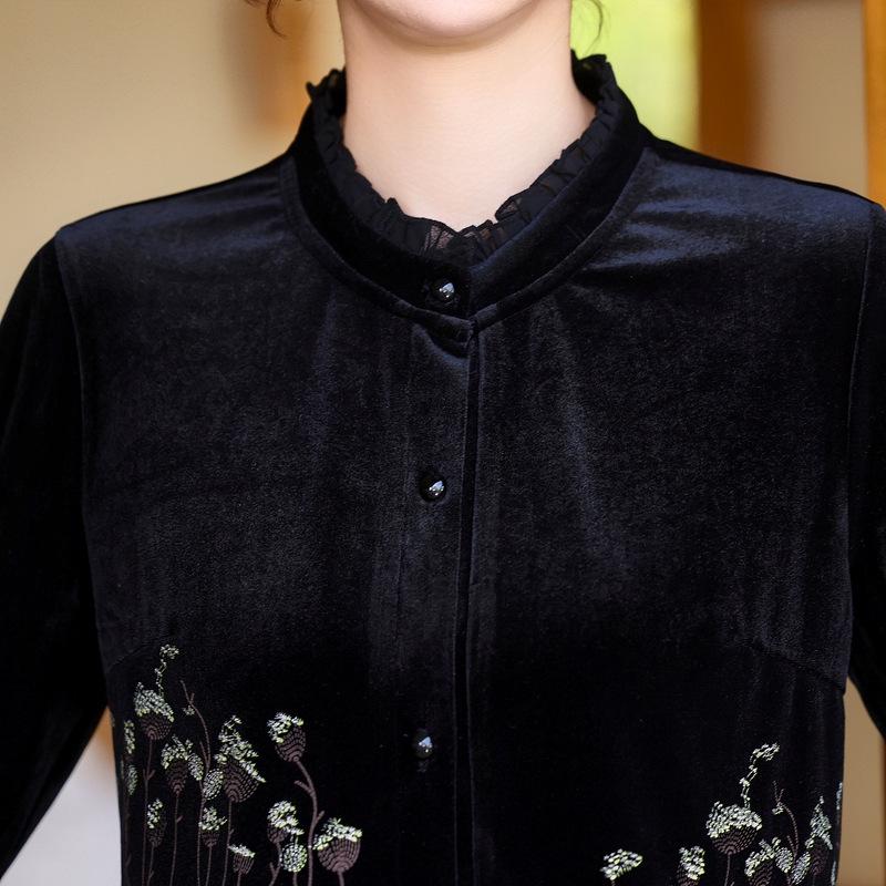 Set elegant din catifea aurie din două piese pentru primăvară și toamnă pentru femei, stil chinezesc nou pentru vârsta mijlocie și vârstnici