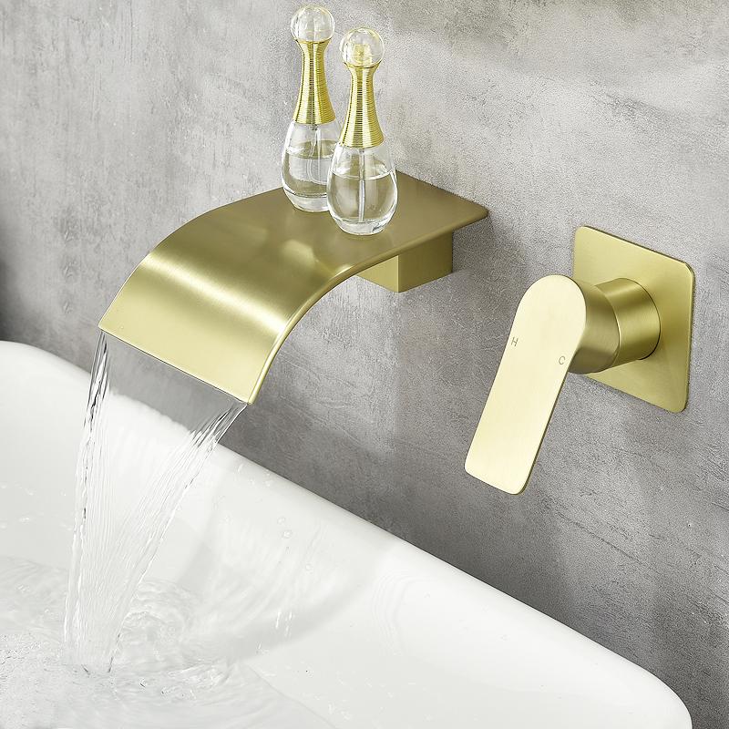 Brushed Gold Bathroom Bathtub Faucet Brass Concealed Waterfall Basin Faucet Single Handle Mixed Hot And Cold Sink Faucet