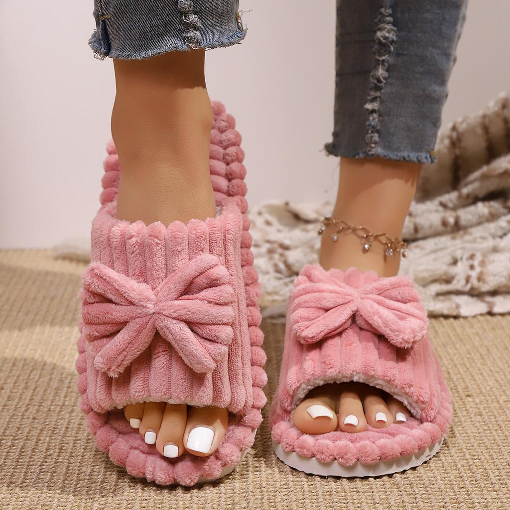 Warme Hausschuhe mit Schleifendekor, lässige Plüschschuhe mit offener Spitze, bequeme Hausschuhe