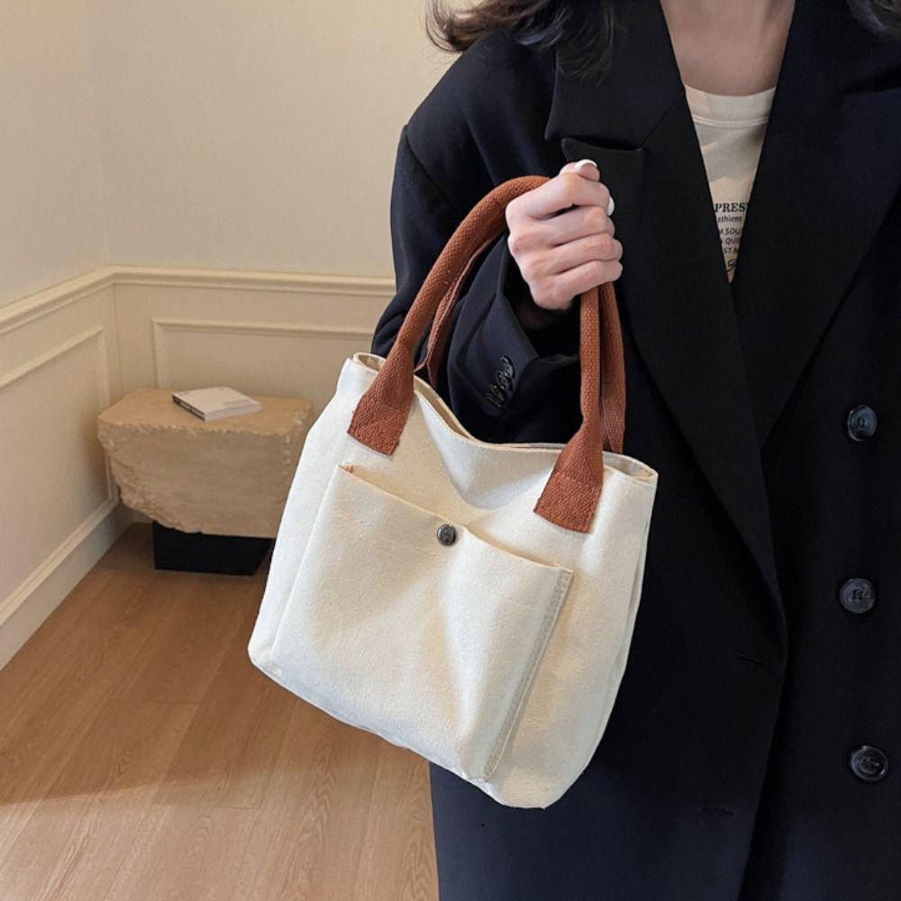 Solid Color Canvas Shoulder Bag Multiple Pockets Women Handbag Casual Oxford Tote Bag  Outdoor