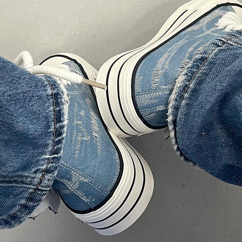 Móda 2025 Šněrovací dámské vysoké džínové boty na platformě Jaro Podzim Denní rutina Ležérní Motýl Vysoký svršek Dámská obuv