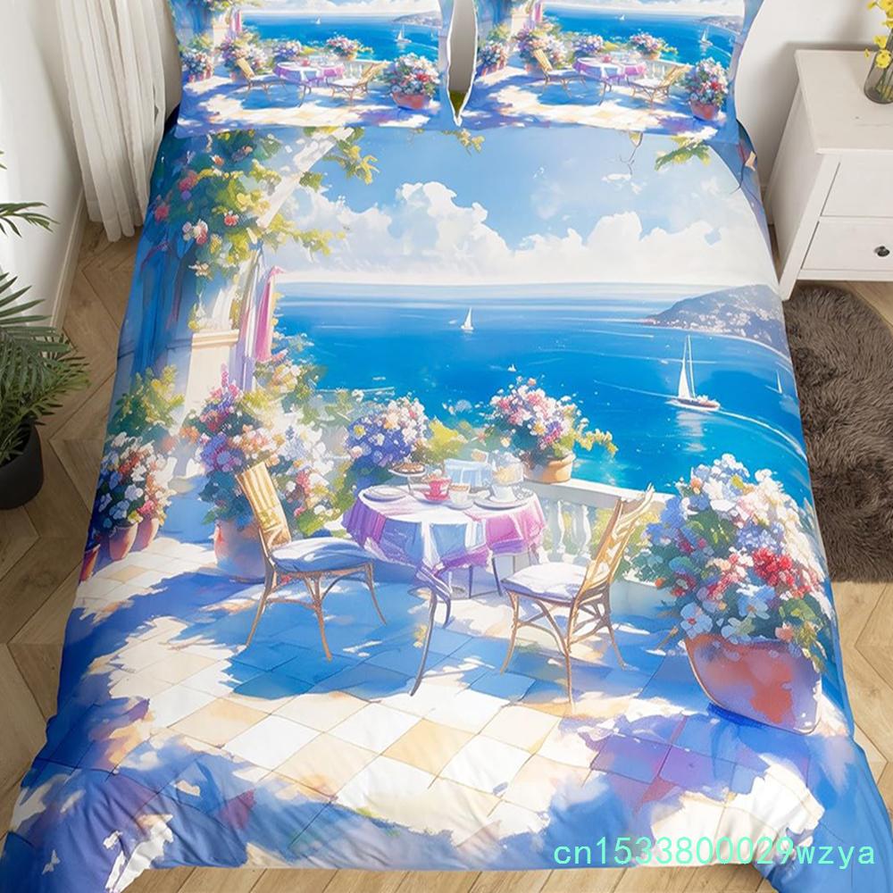 Seaside Town Landscape Bedding Set Flowers Rustic Duvet Cover Coastal Style Island Comforter Cover Ocean Scenery Quilt Cover