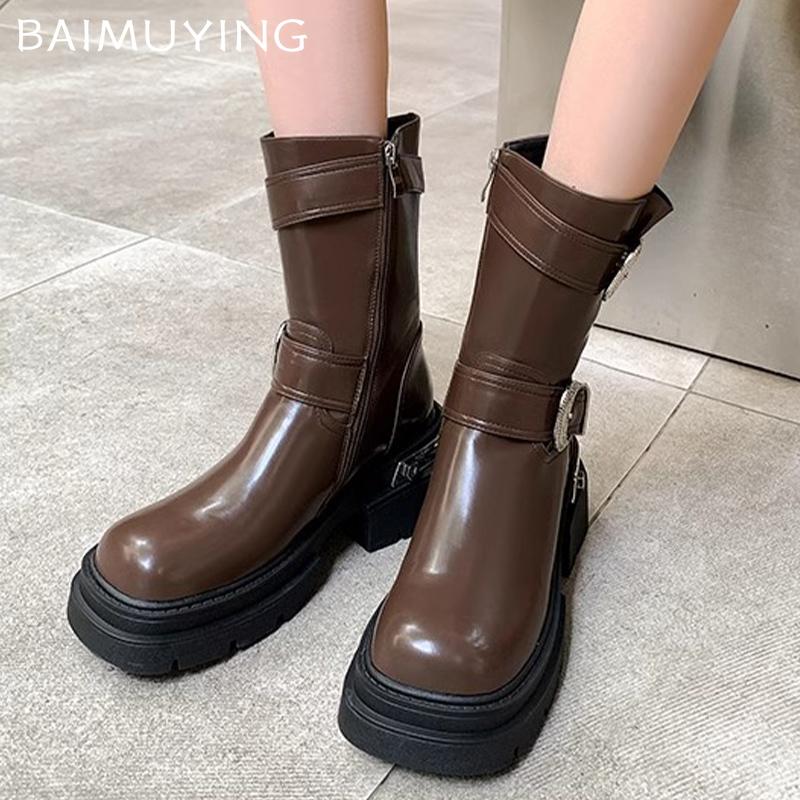 Women Platform Mid Calf Boots Fashion Leather Buckle Mid Heels Shoes 2025 Trend Winter New Brand Designer Pumps Botas De Mujer