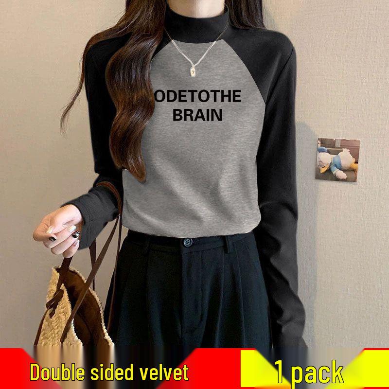 

Women s German Velvet Color Block Semi-High Neck Stretch Base Layer - Slim Fit Winter Warm Shirt S (under 90 jin) чёрный/серый