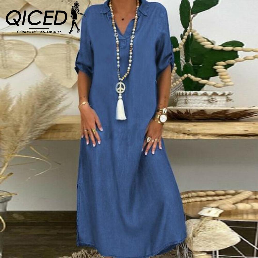

QICED Летнее джинсовое платье для женщин Повседневные весенние голубые платья макси V-образный вырез рукав до локтя Большой размер Длинные платья с разрезом XXXL синий