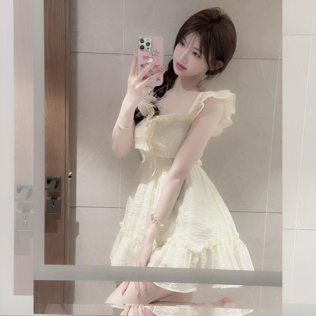 French Sweet Small Flying Sleeve Dress Women's Summer First Love Fresh Milk Sweet Princess Cake Dress Waist Fluffy Short Dress