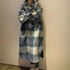 Dunne Middellange Geruite Shirtjas Boven de Knie Blauw Losse Koreaanse Stijl