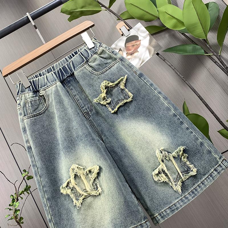 DIMANAF Plus Size 2025 Summer Women Jeans Shorts Pants Loose Basic High Waist Oversized Wide Leg Pants Elastic Waist