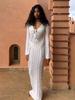 Women Sexy White Knit Swimsuit Cover Up Deep V-neck Tie Hollow Out Long Sleeve Beach Maxi Dress 2025 Summer Holiday Outfit K186