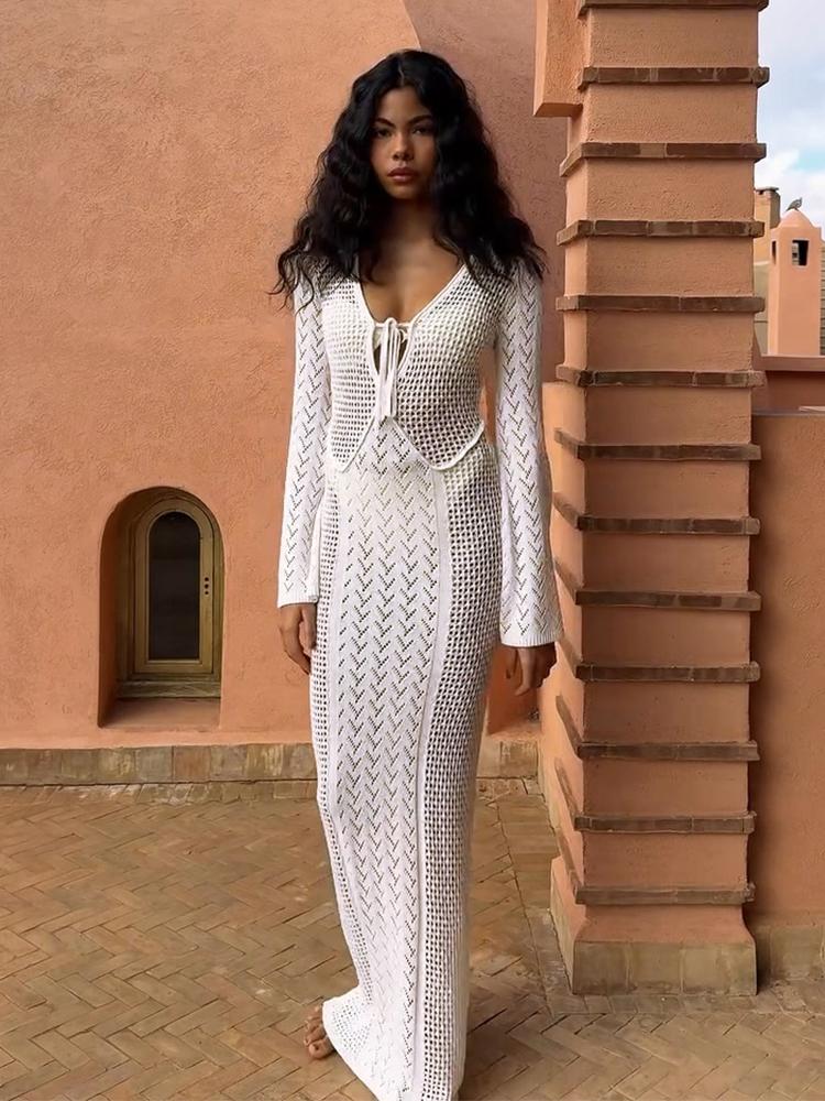 Women Sexy White Knit Swimsuit Cover Up Deep V-neck Tie Hollow Out Long Sleeve Beach Maxi Dress 2025 Summer Holiday Outfit K186