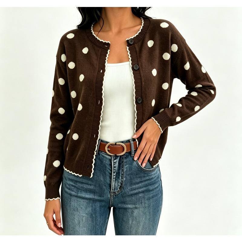 Gepunkteter Strickcardigan Damen Frühling und Herbst Rundhalsausschnitt mit Schwarzpilz-Rand Langarm Pullover Jacke Oberteil