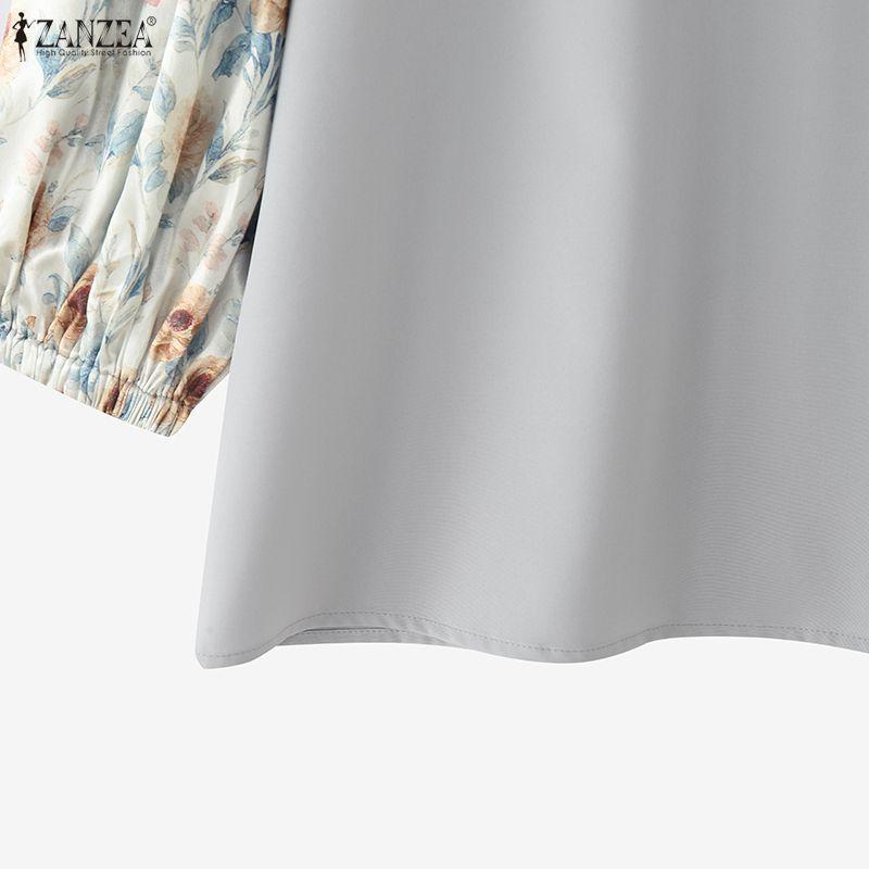ZANZEA Women Print Splice 3/4 Sleeve Loose Casual O-neck Blouse