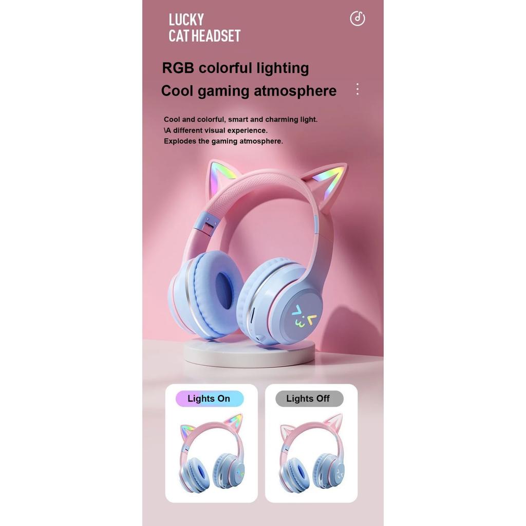 LED Flash Light Bluetooth Headphones Cute Cat Ears Wireless Earphone with Mic Kids Girls Stereo Cool RGB Headsets Bluetooth 5.1