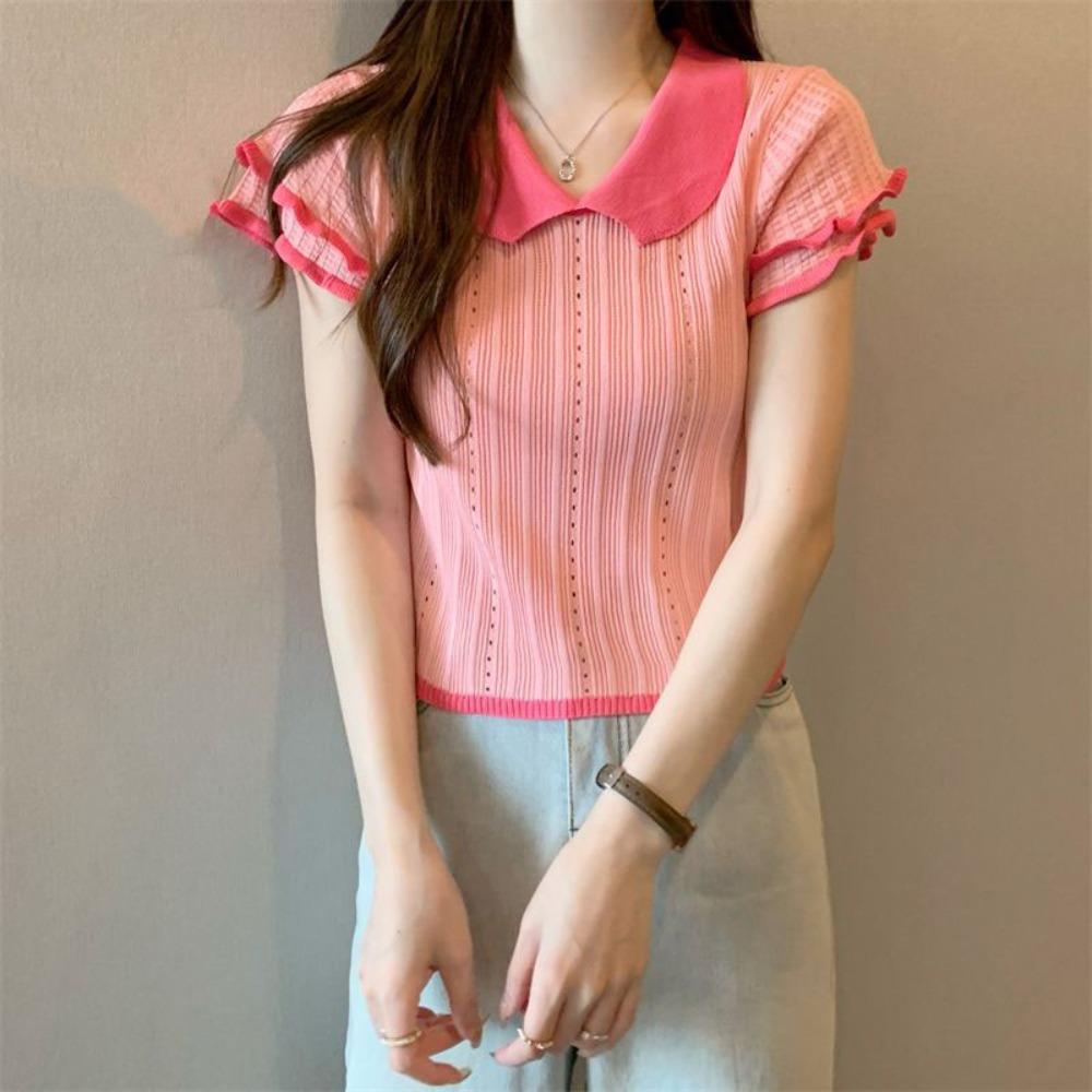 Hollow Knitted Slim Crop Tops Patchwork Short Sleeve T-shirt Doll Collar Knitted Vest Ladies Girls