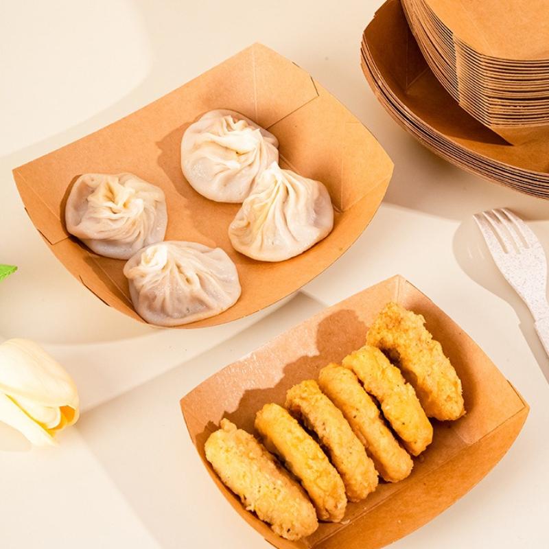 Disposable Paper Plates PE Coated Oil Proof Film Barbecue Plate Burger French Fries Grilled Skewers Hot Dogs Boat Shaped Tray Pack Tableware