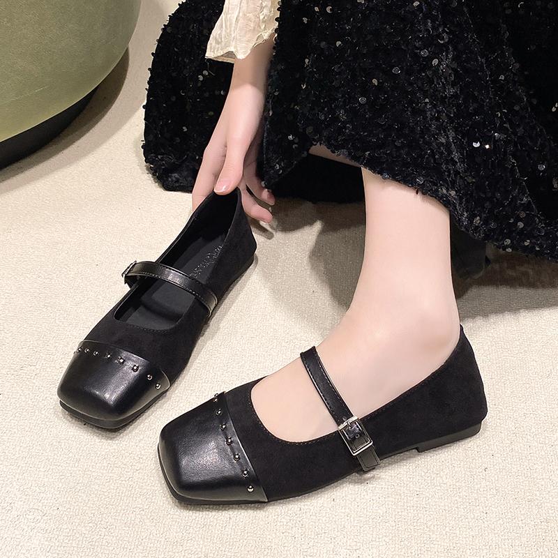 Fashion Women's Fashion Flat Shoes Square Head Shallow Mouth Splicing Suede Rivet Soft Sole Anti-slip Wear-resistant Single Shoes