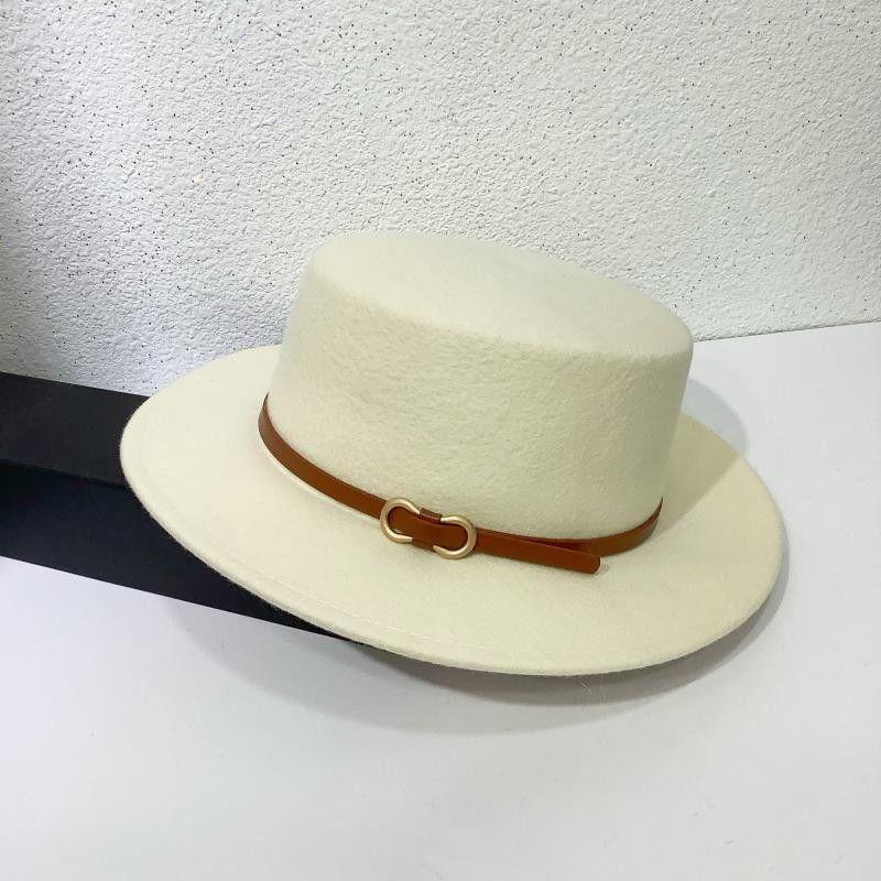 Autumn and Winter Retro British Belt Buckle Flat Top Top Top Hat Men's and Women's Flat Edge Hat, Wool Black Jazz Hat Felt Hat
